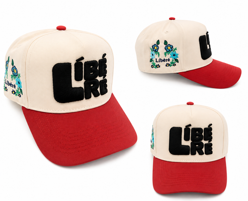 Three views of a baseball cap on a plain white background. The cap has an off-white crown with a large black embroidered 'Líbéré' text on the front and a Coral curved brim.